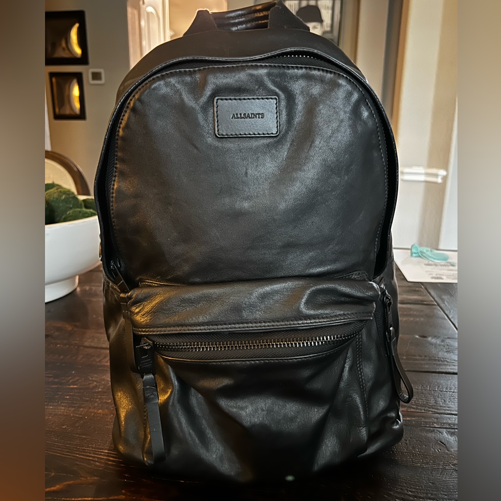 Authentic All Saints Carabiner Leather Backpack, Black